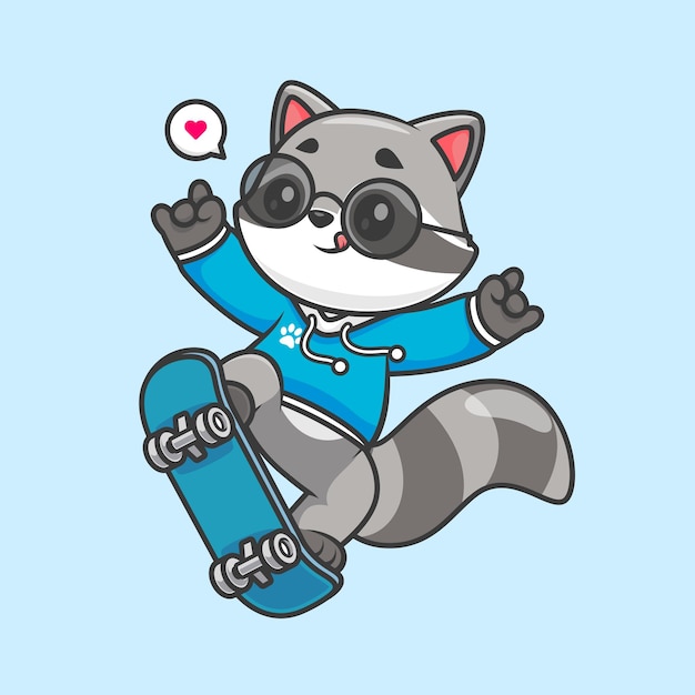 Free Vector cute raccoon playing skateboard with metal hand cartoon vector icon illustration animal sport icon