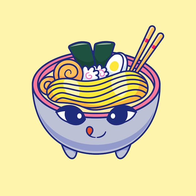 Cute Ramen Noodle In Bowl Cartoon Vector Icon Illustration Food Object Icon Isolated Flat Vector