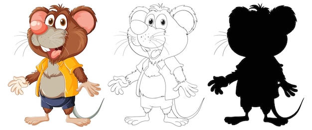 Cute Rat Cartoon Characters Set with Outline and Silhouette