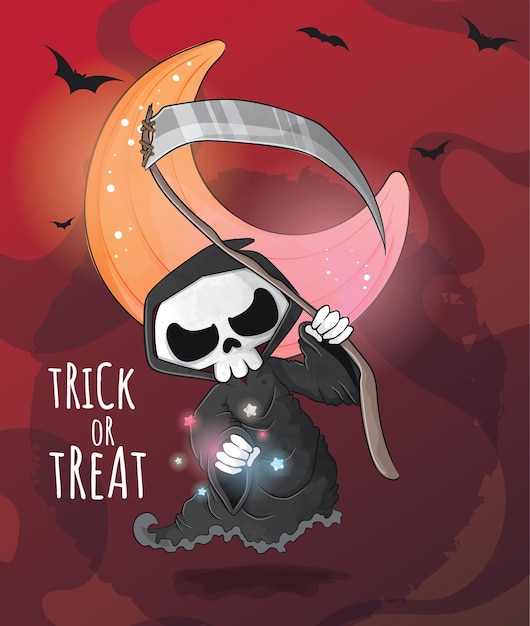 Cute reaper happy Halloween illustration - Cute halloween watercolor kids character