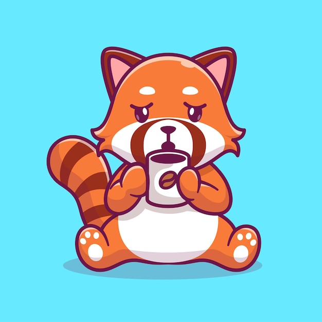 Cute Red Panda Drinking Coffee Cartoon Vector Icon Illustration Animal Drink Icon Concept Isolated