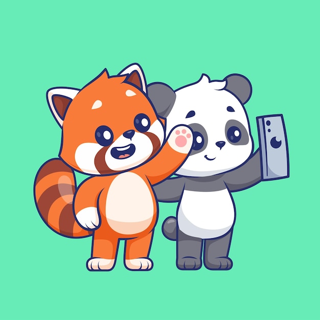 Cute Red Panda And Panda Selfie With Phone Cartoon Vector Icon Illustration Animal Technology Flat