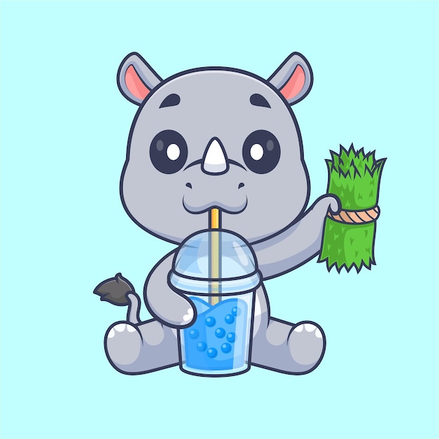 Free vector cute rhino drinking boba milk tea with grass cartoon vector icon illustration animal drink isolated