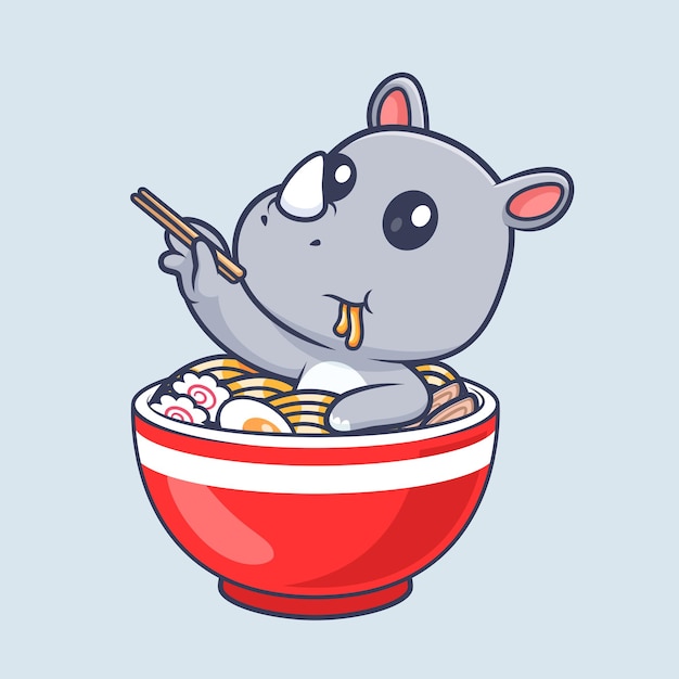 Free Vector cute rhino in ramen noodle with chopstick cartoon vector icon illustration animal food isolated flat