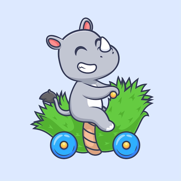 Free vector cute rhino riding grass motorcycle toy cartoon vector icon illustration animal transportation flat