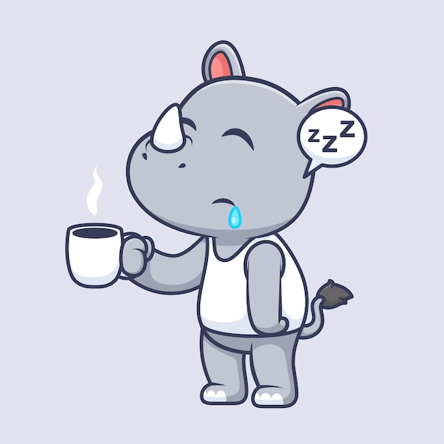 Free Vector cute rhino sleepy holding coffee cartoon vector icon illustration animal drink icon isolated flat