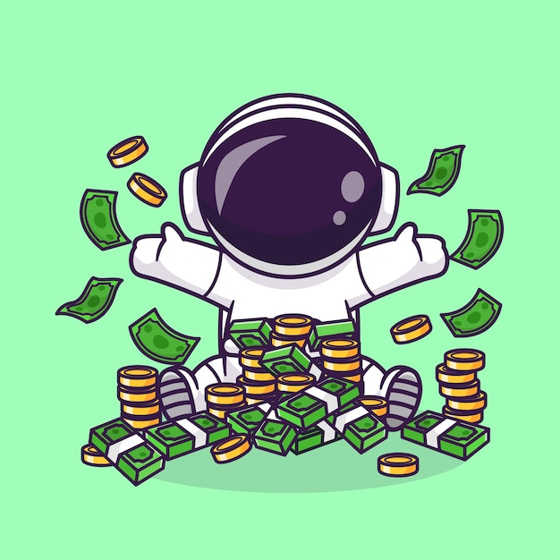 Free vector cute rich astronaut with money and gold coin cartoon vector icon illustration. science finance icon