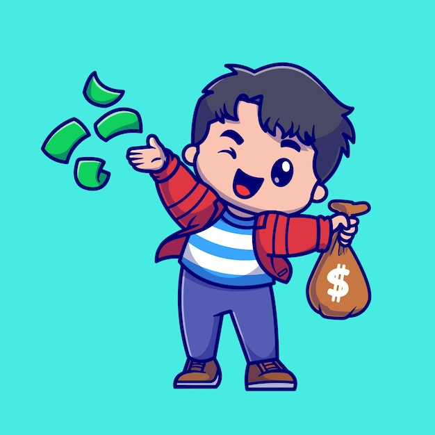 Free vector cute rich boy throws money cartoon vector icon illustration. people business icon concept isolated premium vector. flat cartoon style