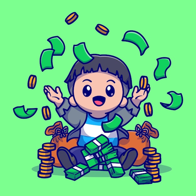 Free Vector cute rich boy with money cartoon vector icon illustration. people finance icon concept isolated premium vector. flat cartoon style