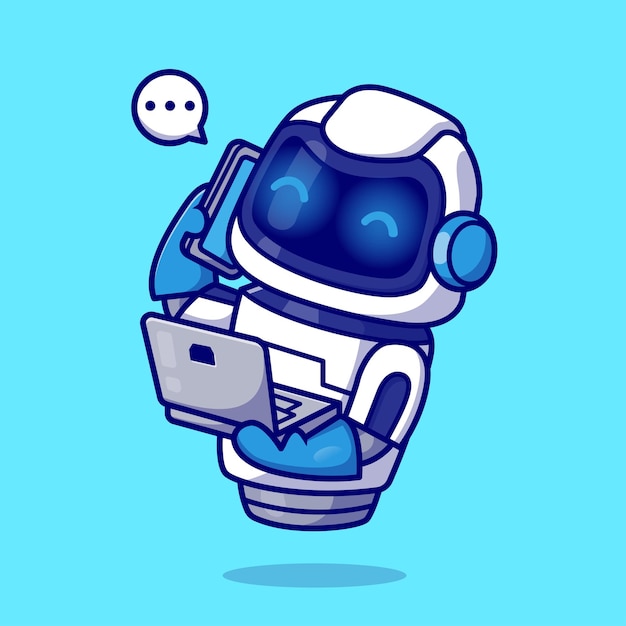 Cute Robot Holding Phone With Laptop Cartoon Vector Icon Illustration Science Technology Isolated