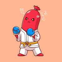 Free vector cute sausage hotdog boxing karate cartoon vector icon illustration. food sport icon concept isolated