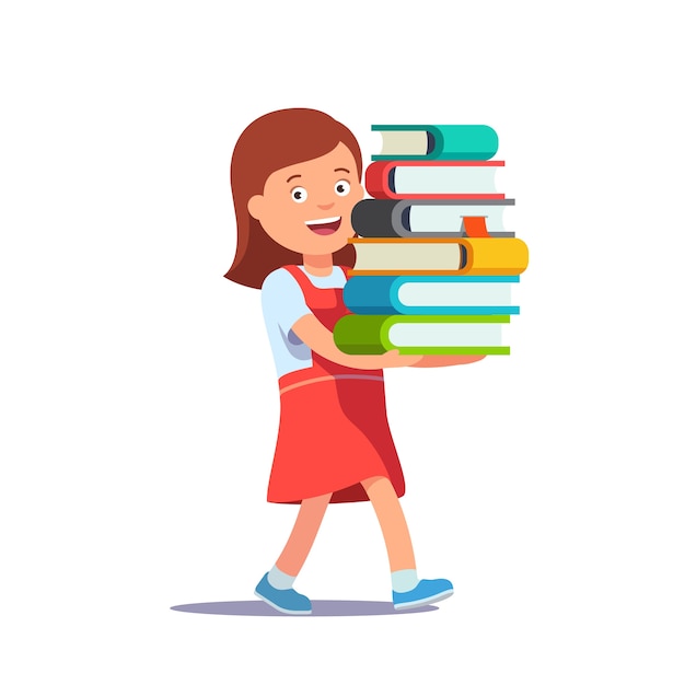 Cute school girl carrying big pile of books