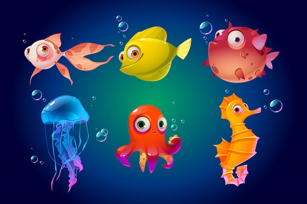 Cute sea animals, fish, octopus, jellyfish, puffer