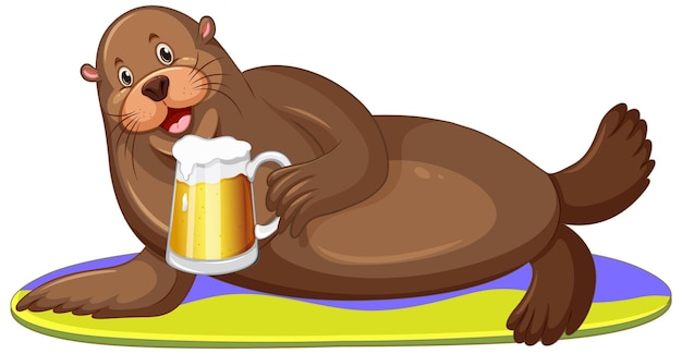 Free vector cute sea lion drinking beer on surfboard