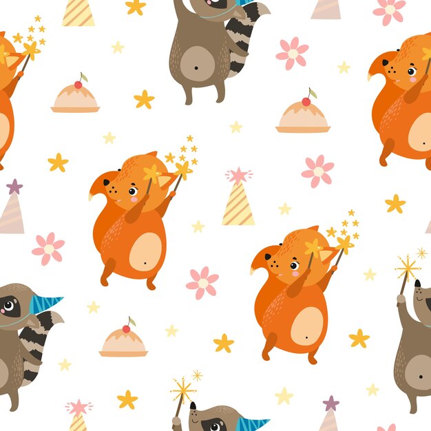 cute seamless pattern raccoon and squirrel