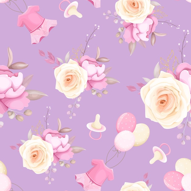 cute seamless pattern with baby stuff and beautiful floral