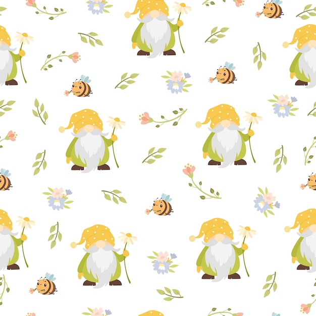 cute seamless pattern with gnomes and bees