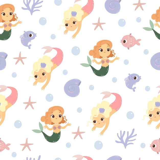 cute seamless pattern with mermaids and sea animals