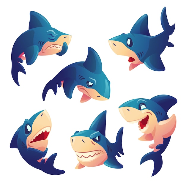 Free Vector cute shark character with different emotions isolated on white background. vector set of cartoon mascot, fish with teeth smiling, angry, hungry, sad and surprised. creative emoji set, animal chatbot