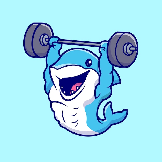 Cute Shark Lifting Barbell Cartoon Vector Icon Illustration. Animal Sport Icon Concept Isolated Flat