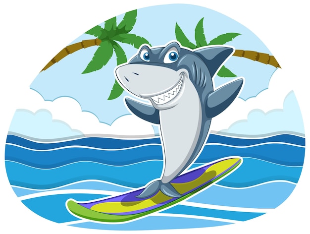 Cute shark surfing cartoon ocean scene