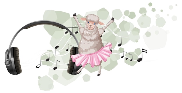 Cute sheep dancing and headphone and music note symbols