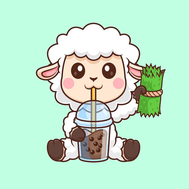 Cute Sheep Drinking Boba Milk Tea With Grass Cartoon Vector Icon Illustration Animal Drink Isolated