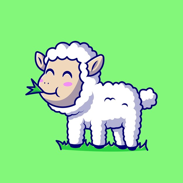 Cute Sheep Eating Grass Cartoon Character. Animal Sheep Isolated.