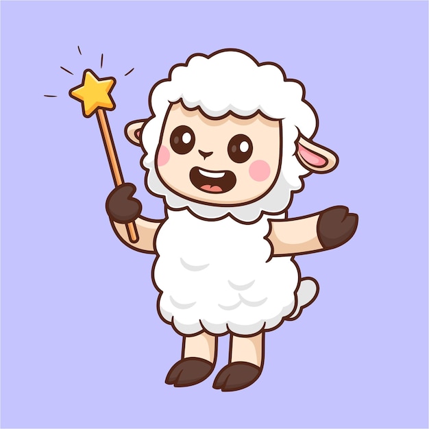 Cute Sheep Holding Magic Wand Cartoon Vector Icon Illustration Animal Holiday Isolated Flat Vector