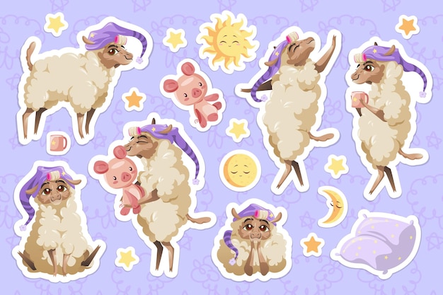 Cute sheep in nightcap cartoon animal stickers set