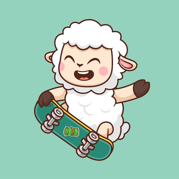 Cute Sheep Playing Skateboard Cartoon Vector Icon Illustration Animal Sport Isolated Flat Vector