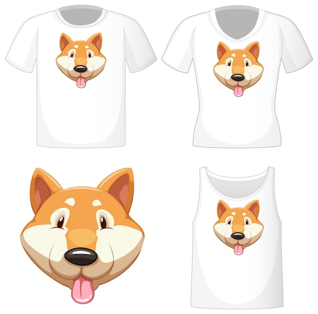 Free Vector cute shiba dog logo on different white shirts isolated on white background