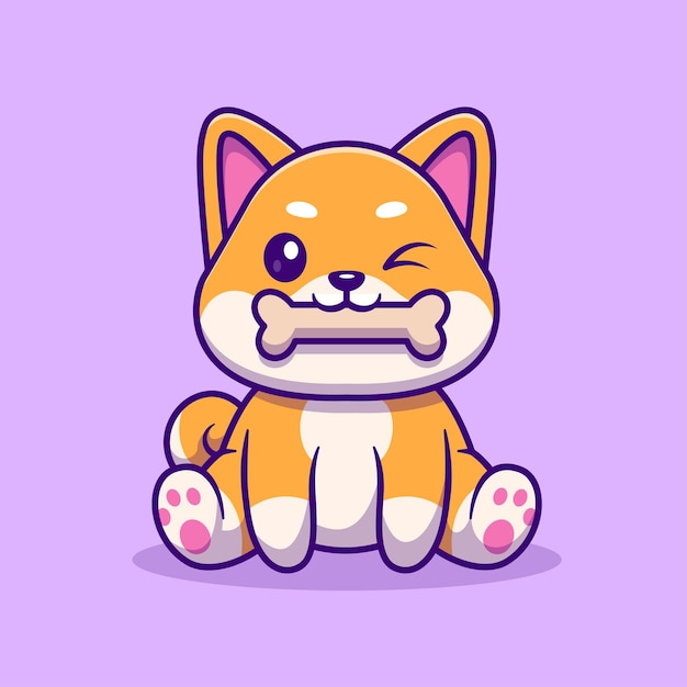 Free Vector cute shiba inu dog bite bone cartoon vector icon illustration animal nature icon concept isolated