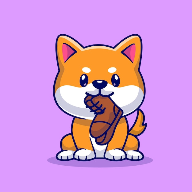 Cute Shiba Inu Dog Bite Shoes Cartoon Vector Icon Illustration Animal Object Icon Concept Isolated