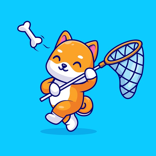 Cute Shiba Inu Dog Catching Bone With Fishing Net Cartoon Vector Icon Illustration. Animal Nature