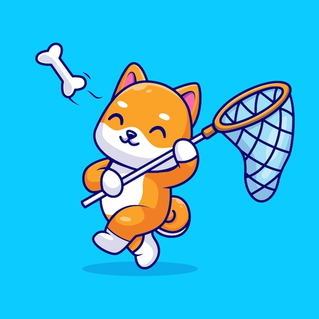 Cute Shiba Inu Dog Catching Bone With Fishing Net Cartoon Vector Icon Illustration. Animal Nature