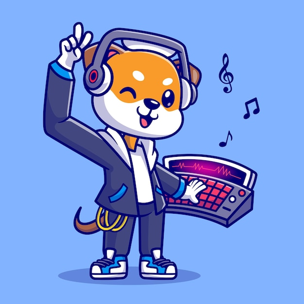 Free vector cute shiba inu dog dj playing music cartoon vector icon illustration animal music icon isolated