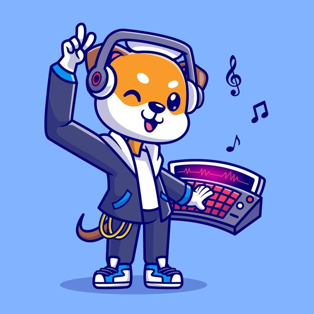 Cute Shiba Inu Dog DJ Playing Music Cartoon Vector Icon Illustration Animal Music Icon Isolated