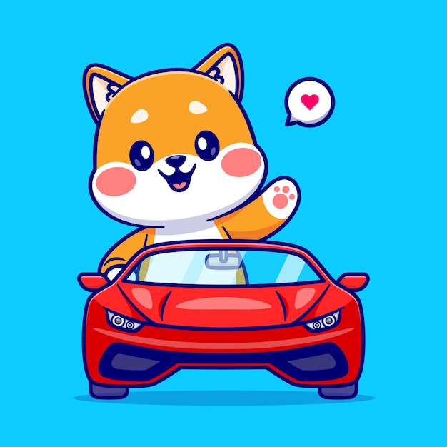 Cute Shiba Inu Dog Driving Car Cartoon Vector Icon Illustration Animal Transportation Icon Isolated