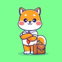 Free vector cute shiba inu dog employee with suitcase cartoon vector icon illustration. animal business isolated