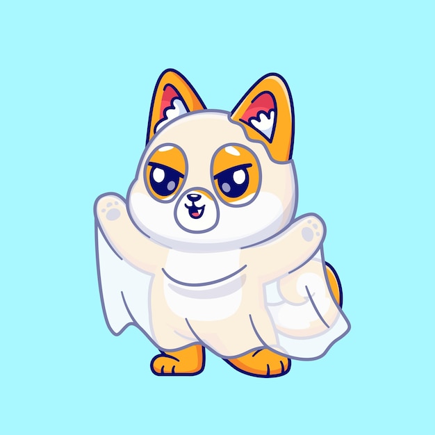 Free Vector cute shiba inu dog ghost cartoon vector icon illustration animal holiday icon isolated flat vector