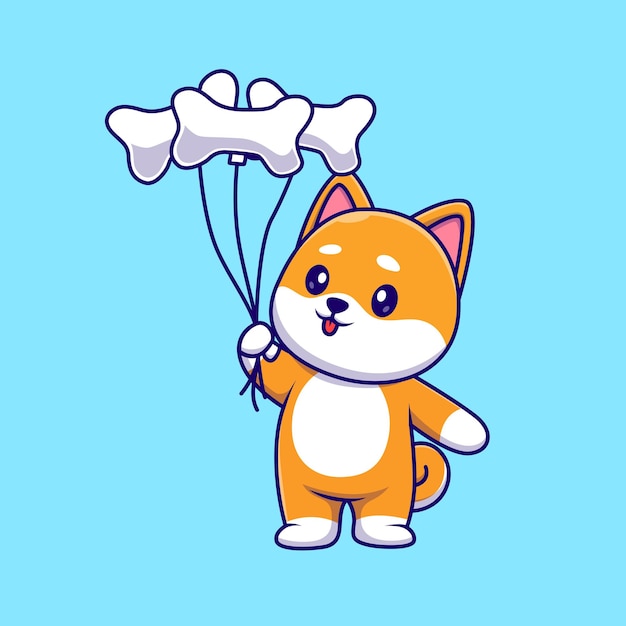 Free Vector cute shiba inu dog holding bone balloon cartoon vector icon illustration. animal holiday isolated