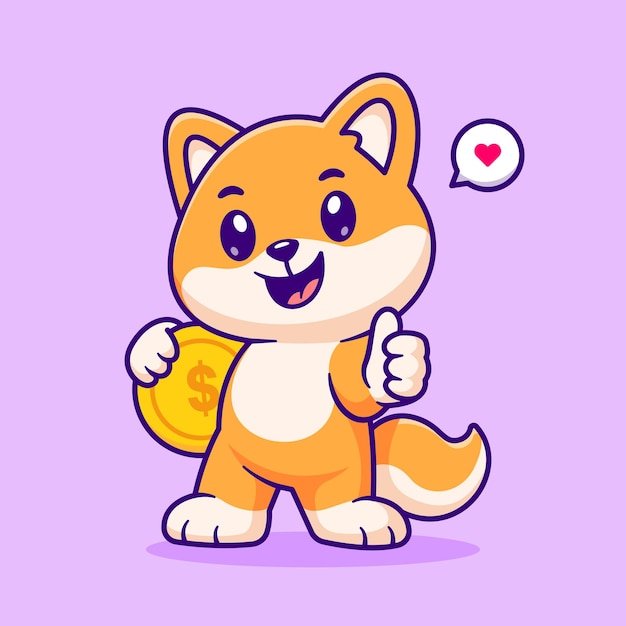 Cute Shiba Inu Dog Holding Gold Coin And Thumbs Up Cartoon Vector Icon Illustration. Animal Finance