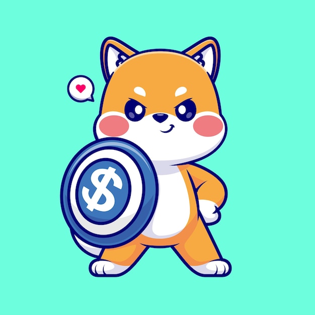 Cute Shiba Inu Dog Holding Shield Money Cartoon Vector Icon Illustration Animal Finance Isolated