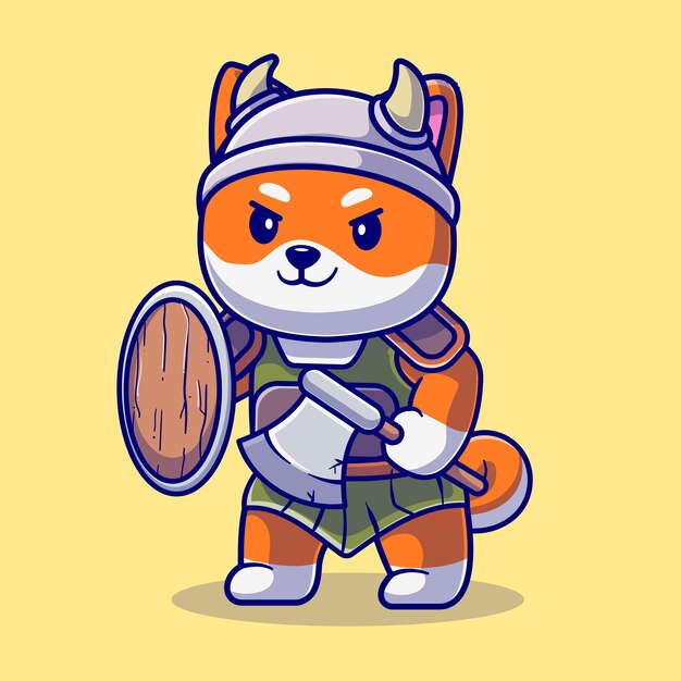 Cute Shiba Inu Dog Knight Viking Cartoon Vector Icon Illustration. Animal Nature Icon Concept Isolated Premium Vector. Flat Cartoon Style