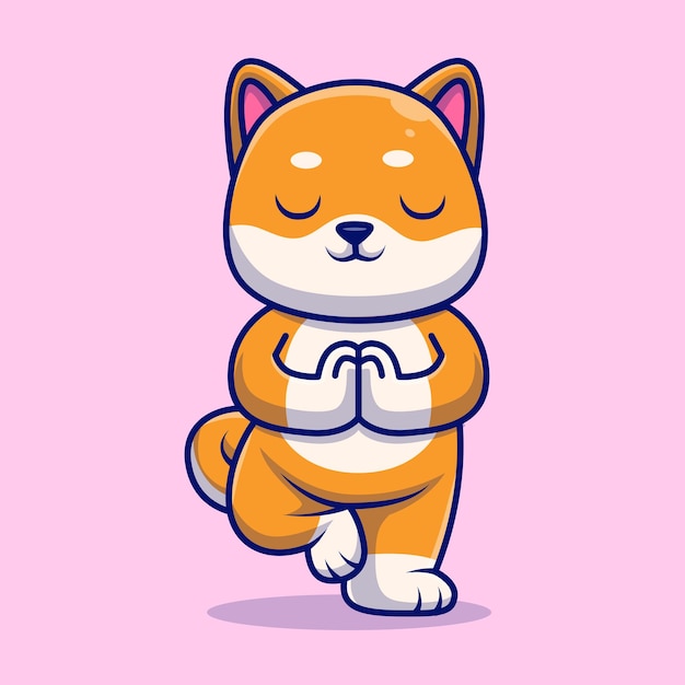 Cute Shiba Inu Dog Meditating Yoga Cartoon Vector Icon Illustration Animal Sport Icon Isolated Flat