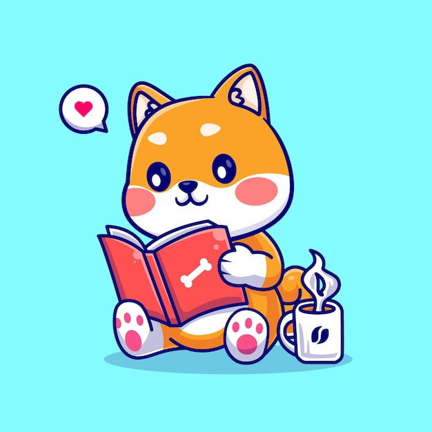 Cute Shiba Inu Dog Reading Book With Coffee Cartoon Vector Icon Illustration. Animal Education Icon