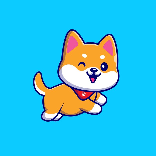 Cute Shiba Inu Dog Running And Wearing Scarf Cartoon   Illustration. Animal Nature  Concept Isolated  . Flat Cartoon Style