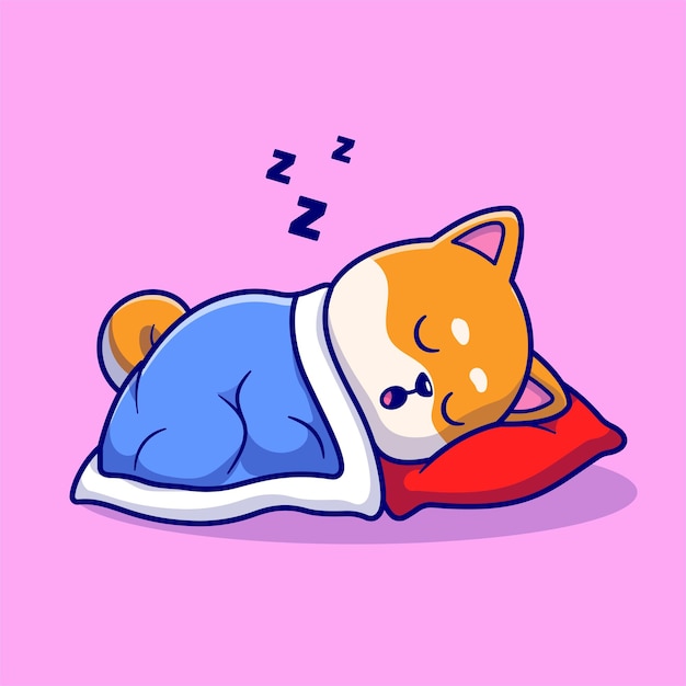 Free Vector cute shiba inu dog sleeping with pillow and blanket cartoon vector icon illustration. animal nature icon concept isolated premium vector. flat cartoon style