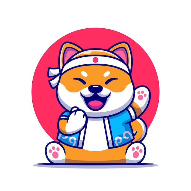 Cute Shiba Inu Dog With Japanese Costume Cartoon Illustration.